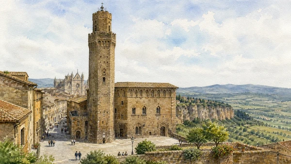 Orvieto: Etruscan City, Gothic Cathedral and Underground World 7 Original documentary watercolour showing Torre del Moro and Palazzo dei Sette in its Orvieto urban or landscape context