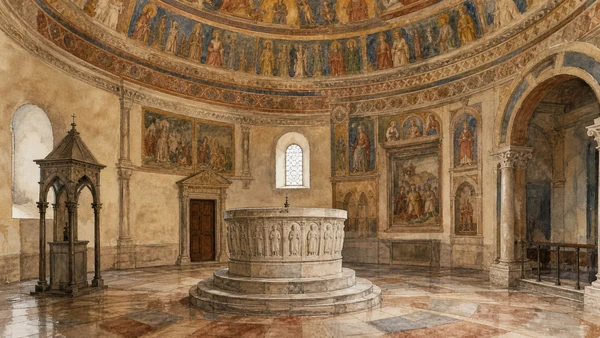 Original documentary watercolour of Padua Baptistery with Giusto de' Menabuoi's dome and baptismal font