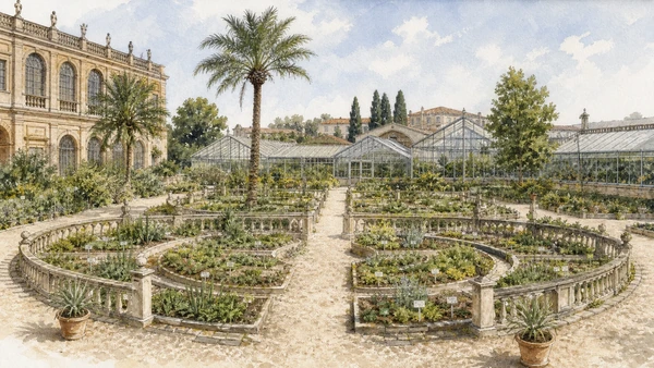Original documentary watercolour of Padua Botanical Garden joining the 1545 circular beds to modern biodiversity greenhouses