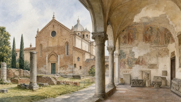 Original documentary watercolour of the Eremitani church, Ovetari fragments and archaeological museum cloister