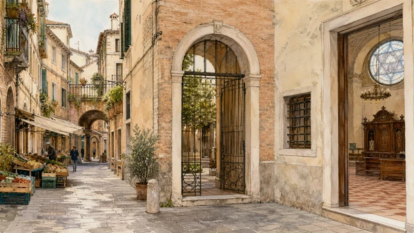 Original documentary watercolour of Padua's former Ghetto lanes, market thresholds and living Jewish institutions