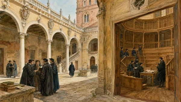 Original documentary watercolour of Palazzo Bo courtyard, heraldic walls and anatomical theatre