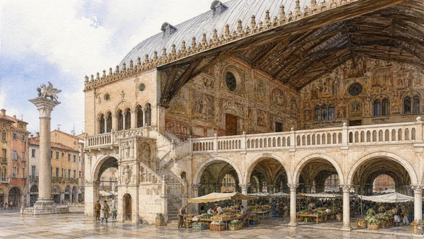 Original documentary watercolour of Palazzo della Ragione joining the market arcades to the painted Salone