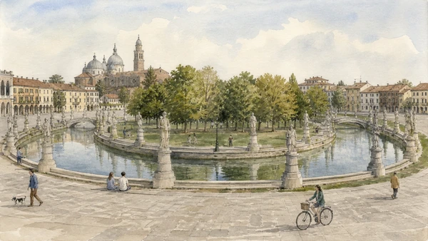 Original documentary watercolour of Prato della Valle with elliptical canal, bridges, statues and everyday civic use
