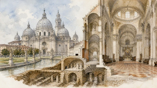 Original documentary watercolour of Santa Giustina across Prato della Valle and its vast Benedictine interior