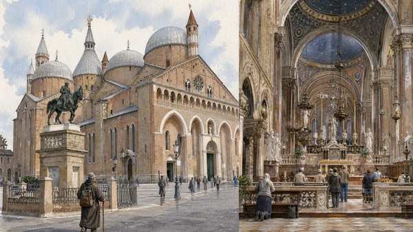 Original documentary watercolour of the Basilica of Saint Anthony exterior, pilgrim circulation and active sanctuary