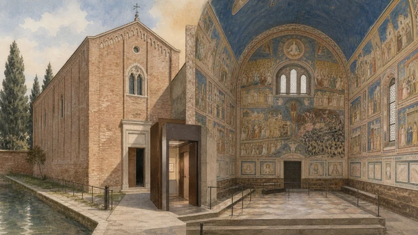 Original documentary watercolour of the Scrovegni Chapel exterior and Giotto's painted interior within its conservation route