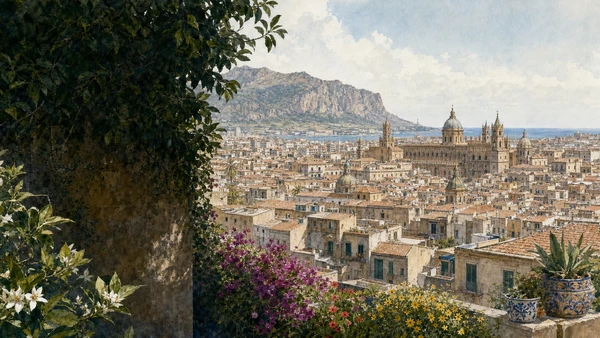 Documentary watercolour of Palermo between the Tyrrhenian Sea and Monte Pellegrino, with historic roofs, domes, gardens and spring colour