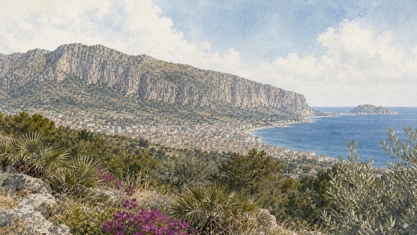 Documentary watercolour of Monte Pellegrino's long pale limestone cliff above Palermo and the blue gulf with Mediterranean scrub and dwarf palms in the foreground