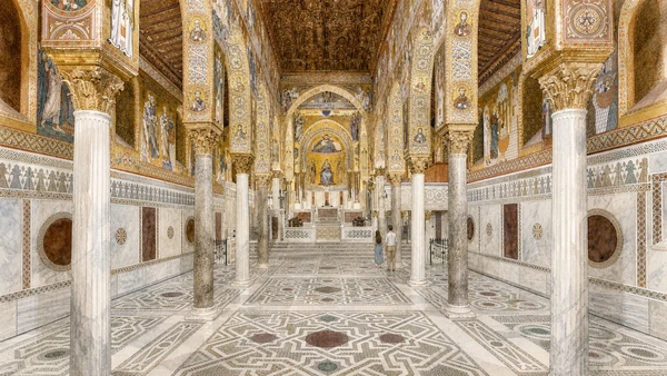 Documentary watercolour of Palermo's Cappella Palatina looking along the central nave through marble columns toward the gold mosaics beneath the carved wooden ceiling