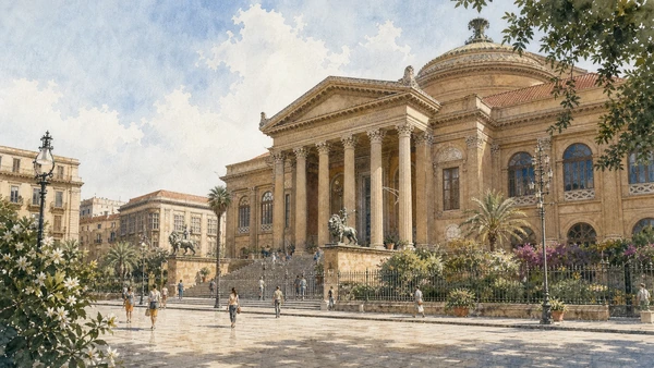 Documentary watercolour of Palermo's Teatro Massimo from Piazza Verdi with its broad staircase, Corinthian portico, dome and small groups of pedestrians