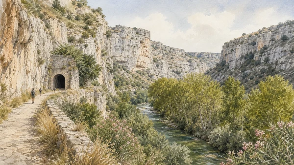Pantalica: Rock-Cut Necropolis and the Anapo Canyons 11 Documentary watercolour of the former railway path in the Anapo Valley with a stone tunnel, river trees and the limestone canyon of Pantalica