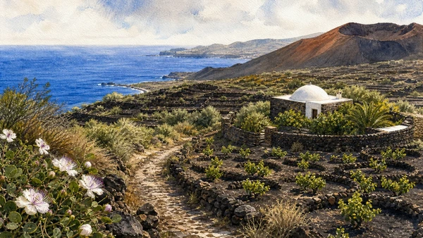 Documentary watercolour of Pantelleria with terraced alberello vineyards, a white-domed dammuso, black lava ridges and the blue Mediterranean