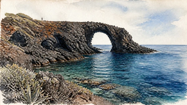 Pantelleria: Fire, Stone and the African Wind 20 Documentary watercolour of Arco dell'Elefante on Pantelleria, a dark lava headland and natural arch above clear blue water