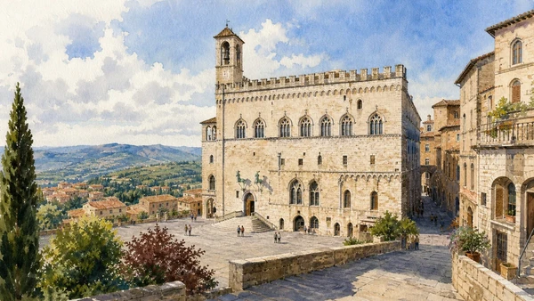 Original documentary watercolour of Palazzo dei Priori, home of the National Gallery of Umbria, in its Perugia setting