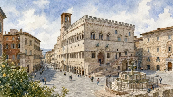 Original documentary watercolour of Palazzo dei Priori within Piazza IV Novembre in Perugia