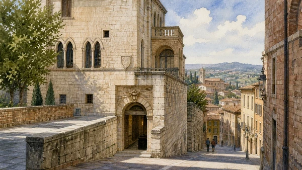 Original documentary watercolour of the Etruscan Well entrance within the historic streets near Piazza Danti