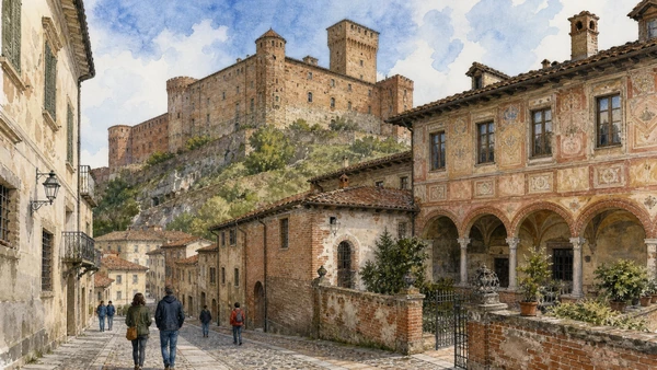 Original documentary watercolour of La Castiglia and Casa Cavassa: power, prison and museum reconstruction in Cuneo, Saluzzo and the Occitan valleys · Piedmont, showing accurate architecture, landscape, people and present-day use