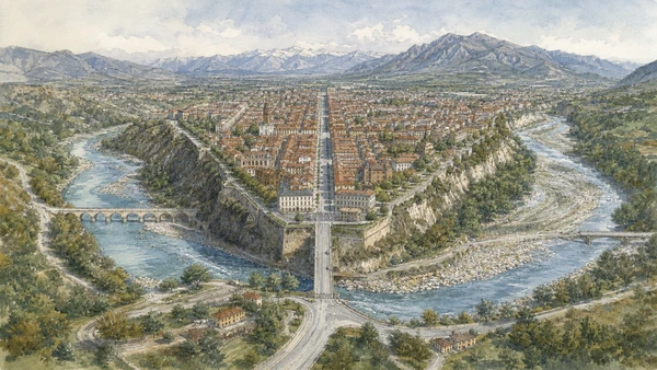 Original documentary watercolour of Cuneo between Gesso and Stura: terrain before street plan in Cuneo, Saluzzo and the Occitan valleys · Piedmont, showing accurate architecture, landscape, people and present-day use