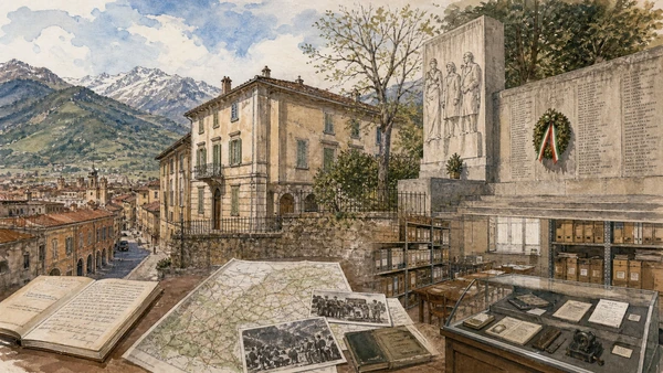 Original documentary watercolour of Cuneo and the Resistance: civic memory in streets and archives in Cuneo, Saluzzo and the Occitan valleys · Piedmont, showing accurate architecture, landscape, people and present-day use