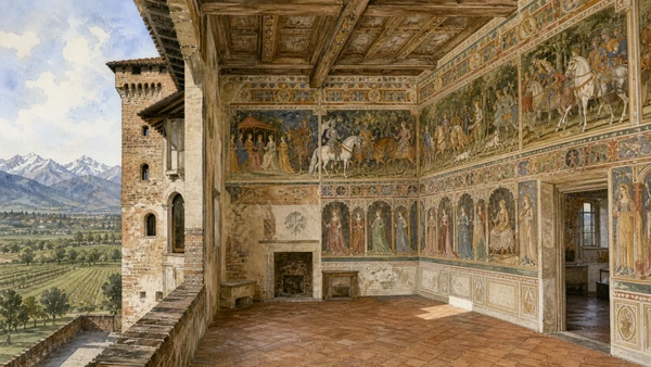 Original documentary watercolour of Manta Castle: courtly frescoes above agricultural land in Cuneo, Saluzzo and the Occitan valleys · Piedmont, showing accurate architecture, landscape, people and present-day use