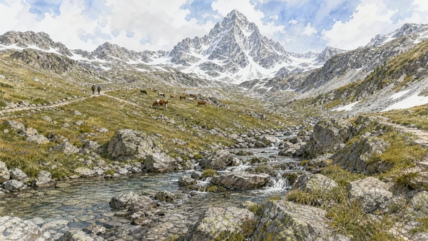 Original documentary watercolour of Monviso and the Po headwaters: national river, local mountain in Cuneo, Saluzzo and the Occitan valleys · Piedmont, showing accurate architecture, landscape, people and present-day use
