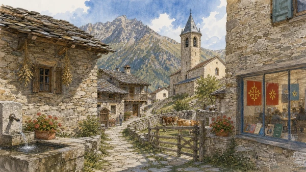 Original documentary watercolour of Occitan valleys: language, villages and cross-border routes in Cuneo, Saluzzo and the Occitan valleys · Piedmont, showing accurate architecture, landscape, people and present-day use