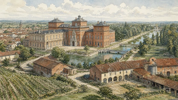 Original documentary watercolour of Racconigi Castle and estate: royal residence, farms and wetland edge in Cuneo, Saluzzo and the Occitan valleys · Piedmont, showing accurate architecture, landscape, people and present-day use