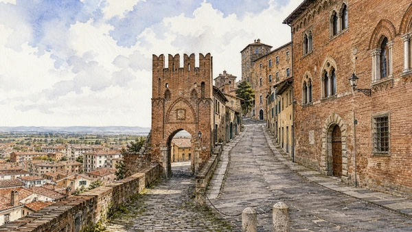 Original documentary watercolour of Saluzzo's upper town: marquisate streets and civic ascent in Cuneo, Saluzzo and the Occitan valleys · Piedmont, showing accurate architecture, landscape, people and present-day use