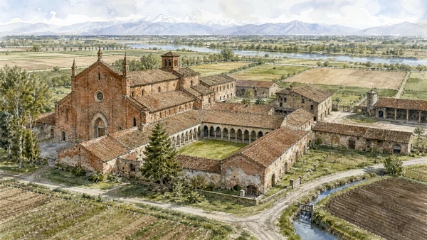 Original documentary watercolour of Staffarda Abbey: Cistercian institution and productive plain in Cuneo, Saluzzo and the Occitan valleys · Piedmont, showing accurate architecture, landscape, people and present-day use
