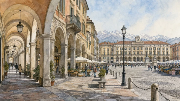 Original documentary watercolour of Via Roma and Piazza Galimberti: arcades from old centre to modern city in Cuneo, Saluzzo and the Occitan valleys · Piedmont, showing accurate architecture, landscape, people and present-day use