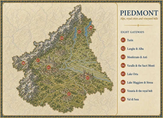 Illustrated map of Piedmont with eight numbered Merlintravel gateways