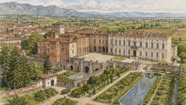 Original documentary watercolour of Agliè Castle: Savoy residence within a Canavese estate in Ivrea, Biella and the Canavese · Piedmont, showing accurate architecture, landscape, people and present-day use