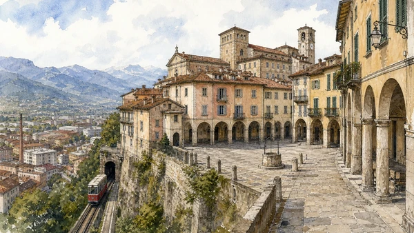 Original documentary watercolour of Biella Piazzo: upper town of palaces, arcades and funicular in Ivrea, Biella and the Canavese · Piedmont, showing accurate architecture, landscape, people and present-day use