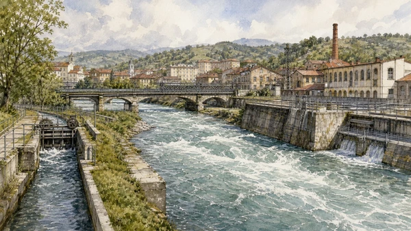 Original documentary watercolour of Dora Baltea and Ivrea's water geography in Ivrea, Biella and the Canavese · Piedmont, showing accurate architecture, landscape, people and present-day use
