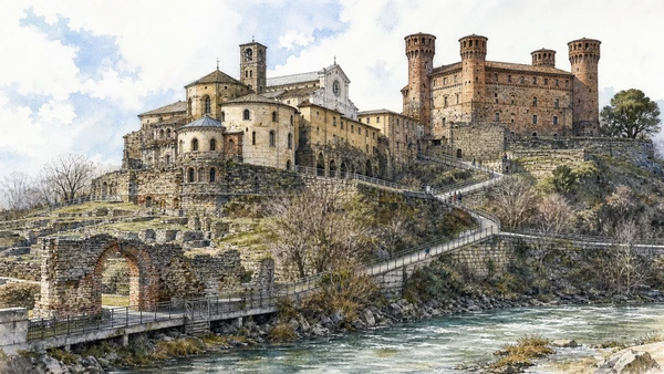 Original documentary watercolour of Ivrea's historic hill: Eporedia, cathedral and castle in Ivrea, Biella and the Canavese · Piedmont, showing accurate architecture, landscape, people and present-day use