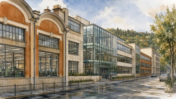 Original documentary watercolour of Olivetti factory complex: transparent production along Via Jervis in Ivrea, Biella and the Canavese · Piedmont, showing accurate architecture, landscape, people and present-day use