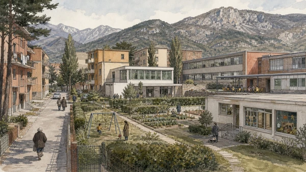 Original documentary watercolour of Olivetti housing and social services: welfare, planning and limits in Ivrea, Biella and the Canavese · Piedmont, showing accurate architecture, landscape, people and present-day use