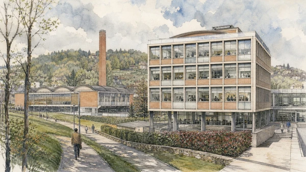 Original documentary watercolour of Olivetti offices and research: administration as design in Ivrea, Biella and the Canavese · Piedmont, showing accurate architecture, landscape, people and present-day use