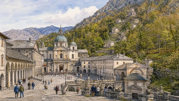 Original documentary watercolour of Oropa sanctuary and Sacro Monte: pilgrimage in a mountain basin in Ivrea, Biella and the Canavese · Piedmont, showing accurate architecture, landscape, people and present-day use