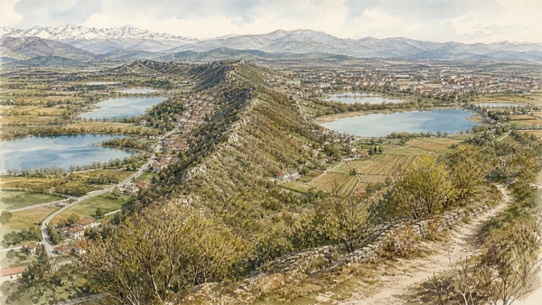 Original documentary watercolour of The Serra and morainic Canavese: glacial landform as territorial structure in Ivrea, Biella and the Canavese · Piedmont, showing accurate architecture, landscape, people and present-day use