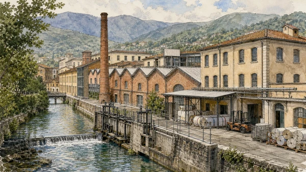 Original documentary watercolour of Biella textile system: water, mills and global markets in Ivrea, Biella and the Canavese · Piedmont, showing accurate architecture, landscape, people and present-day use