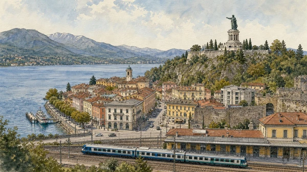 Lake Maggiore, Lake Orta and the Sacri Monti: Complete Guide 6 Original documentary watercolour of Arona and the southern lake threshold in Lake Maggiore, Lake Orta and the Sacri Monti · Piedmont, showing accurate architecture, landscape, people and present-day use