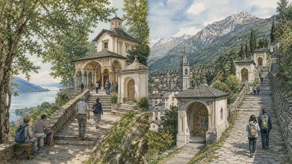 Lake Maggiore, Lake Orta and the Sacri Monti: Complete Guide 10 Original documentary watercolour of Ghiffa and Domodossola: two Sacri Monti, two landscapes in Lake Maggiore, Lake Orta and the Sacri Monti · Piedmont, showing accurate architecture, landscape, people and present-day use