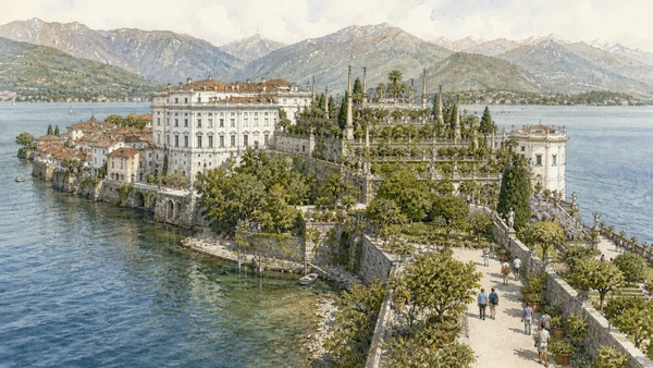 Lake Maggiore, Lake Orta and the Sacri Monti: Complete Guide 4 Original documentary watercolour of Isola Bella: palace and terraced garden as a controlled court landscape in Lake Maggiore, Lake Orta and the Sacri Monti · Piedmont, showing accurate architecture, landscape, people and present-day use