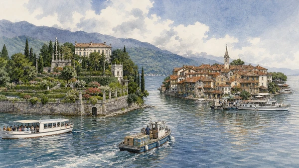 Lake Maggiore, Lake Orta and the Sacri Monti: Complete Guide 5 Original documentary watercolour of Isola Madre and Isola dei Pescatori: two different island histories in Lake Maggiore, Lake Orta and the Sacri Monti · Piedmont, showing accurate architecture, landscape, people and present-day use