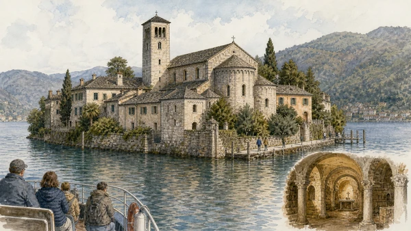 Lake Maggiore, Lake Orta and the Sacri Monti: Complete Guide 8 Original documentary watercolour of Isola San Giulio: basilica, monastery and settlement in Lake Maggiore, Lake Orta and the Sacri Monti · Piedmont, showing accurate architecture, landscape, people and present-day use