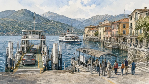 Lake Maggiore, Lake Orta and the Sacri Monti: Complete Guide 3 Original documentary watercolour of Lake Maggiore navigation: public service across an international lake in Lake Maggiore, Lake Orta and the Sacri Monti · Piedmont, showing accurate architecture, landscape, people and present-day use