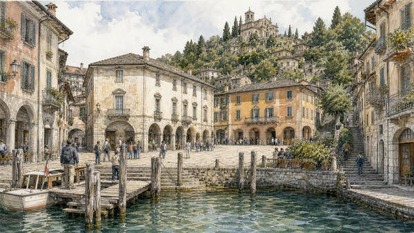 Lake Maggiore, Lake Orta and the Sacri Monti: Complete Guide 7 Original documentary watercolour of Orta San Giulio: an inhabited lakeside borough in Lake Maggiore, Lake Orta and the Sacri Monti · Piedmont, showing accurate architecture, landscape, people and present-day use