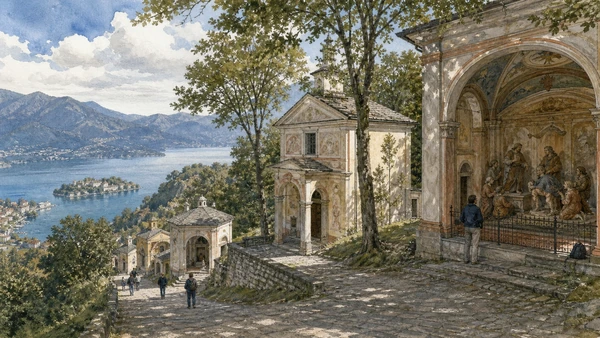 Lake Maggiore, Lake Orta and the Sacri Monti: Complete Guide 9 Original documentary watercolour of Sacro Monte di Orta: Franciscan narrative above the lake in Lake Maggiore, Lake Orta and the Sacri Monti · Piedmont, showing accurate architecture, landscape, people and present-day use